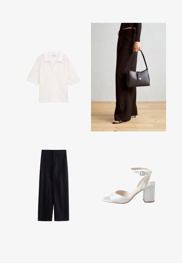 Hvid polo t-shirt lavet af struktureret stof, med krave og korte ærmer, i en afslappet pasform og uden synlige mønstre eller accenter.; Sorte brede bukser lavet af letvægtsstof. Har en flad talje med en lynlås foran og lommer, egnet til både afslappet og formel brug.; Hvide højhælede sandaler med en glat satin-overdel, bred blokhæl og ankelrem med en lille spænde. Glat i tekstur, minimalistisk design.; Sort håndtaske med struktureret form, glat overflade og metalspænde. Sammen med brede sorte bukser og sandaler med åben tå på trægulv.