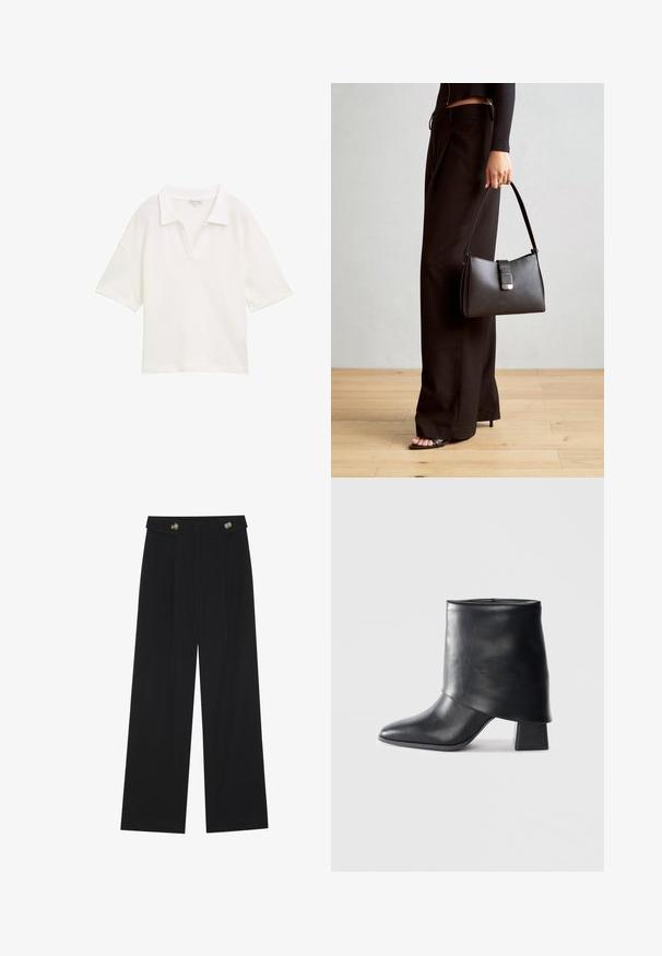 Bijela polo majica izrađena od teksturiranog materijala, s ovratnikom i kratkim rukavima, opuštenog kroja bez vidljivih uzoraka ili detalja.; Crne hlače širokih nogavica s visokim strukom, s dugmadi na pojasu i prednjim nabora.; Crna kožna čizme do gležnja sa šiljastim prstom, glatke teksture i strukturiranim blok petom. Ima visoki, preklopljeni dizajn manžetne.; Crna torba s oblikom koji sadrži strukturu, glađu teksturu i metalnu kopču. Uparena s širokim crnim hlačama i sandalama na otvorenom s drvenog poda.