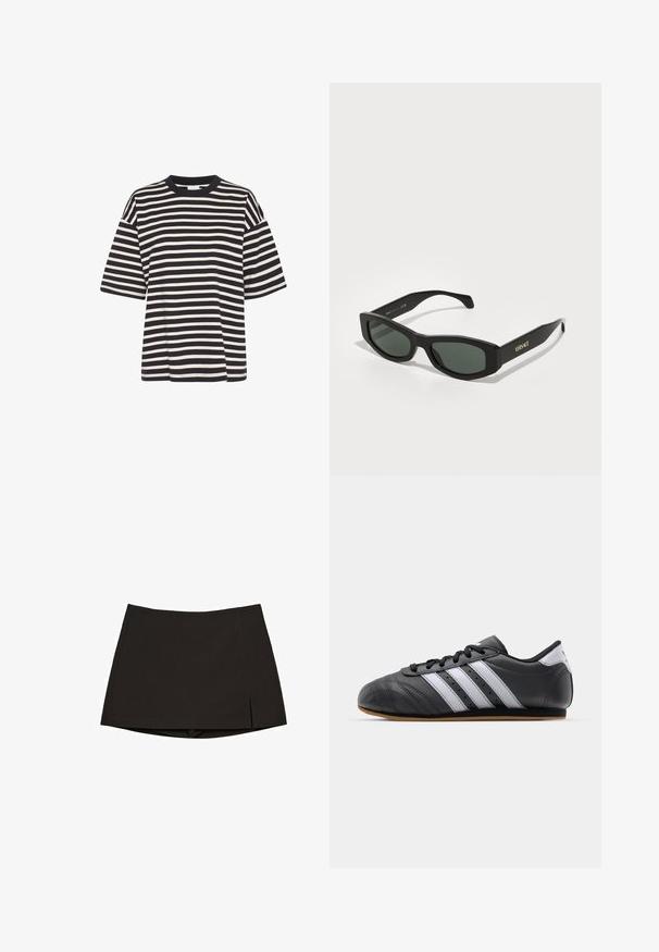 Raitapaita tummansinisessä ja kermavalkoisessa värissä, jossa on pyöreä pääntie, lyhyet hihat, laatikkomainen muoto ja pehmeä puuvillatekstuuri.; Musta minihame, valmistettu sileästä kankaasta, suora malli sivuhaara leikattuna ja siisti helma. Yksinkertainen ja monipuolinen.; Musta nahkakenkä urheilumalli valkoisilla raidoilla, pyöreällä varvalla, tasapohjalla ja nauhakohdistuksella. Varustettu rei'ityksillä hengittävyyden parantamiseksi.; Mustat suorakulmaiset aurinkolasit vihreillä linsseillä, jossa on rohkeat kehykset ja kultaiset "VERSACE" -brändäykset templeissä.