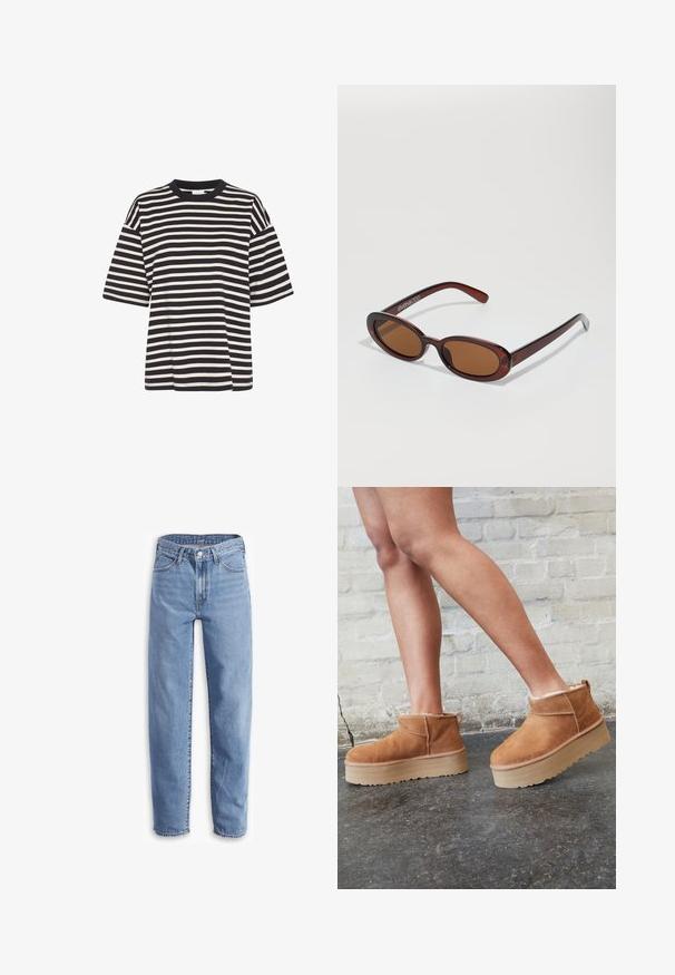 Pruhované tričko v námořnické modré a krémové barvě, s kulatým výstřihem, krátkými rukávy, širokým střihem a měkkou bavlněnou texturou.; Světle modré džíny vyrobené z denimu, s uvolněným střihem, rovnými nohavicemi, pěti kapsami a roztrhanými lemy pro neformální vzhled.; Hnědé semišové kotníkové boty s měkkou podšívkou, silnou béžovou platformou a zadním poutkem. Texturovaný povrch s viditelnými švy.; Kulaté sluneční brýle hnědé barvy s lesklým burgundským rámem. Úzké nožičky s jemným logem. Rovné čočky.