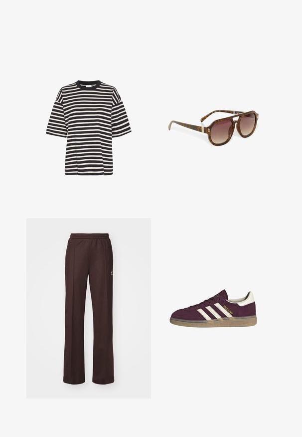 Gestreept T-shirt in marineblauw en crème, met een ronde halslijn, korte mouwen, een boxy pasvorm en een zachte katoentextuur.; Bruine sportieve broek met een elastische tailleband, twee zijzakken en een klein logo aan de linkerzijde, gemaakt van een zachte stof.; Bordeauxsuède sneaker met witte drie strepen en beige accenten. Voorzien van een gestructureerde rubberen zool en gouden branding aan de zijkant.; Schildpad zonnebril met gradient lenzen, hoekige vorm en gouden accenten op de armen, met een elegante, glanzende afwerking.; Lichtroze leren handtas met een gebogen klep, gouden hardware en een afneembare schouderriem met een kettingaccent. Gladde oppervlakte en nauwkeurige stiksels.