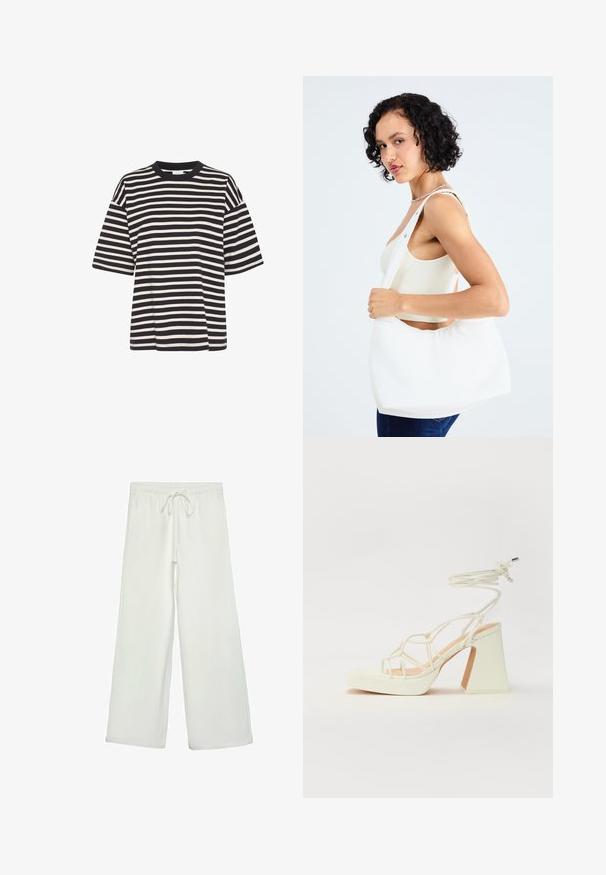 Gestreiftes T-Shirt in Marineblau und Creme, mit rundem Ausschnitt, kurzen Ärmeln, kastiger Form und weichem Baumwollstoff.; Weiße, weit geschnittene Hose aus weichem Stoff. Mit einem elastischen Bund und einem Kordelzug sowie einer glatten Oberfläche. Keine sichtbaren Muster oder Hardware.; Weiße High-Heel-Sandale mit einem klobigen Absatz, die über ein Riemchendesign und ein Knöchelband verfügt. Glatte Textur mit einer Plattform vorne für zusätzliche Höhe.; Weißer Schultertasche aus glattem Material mit ovalem Ausschnitt und breitem Tragegurt. Einfach und modern, ohne sichtbare Hardware.