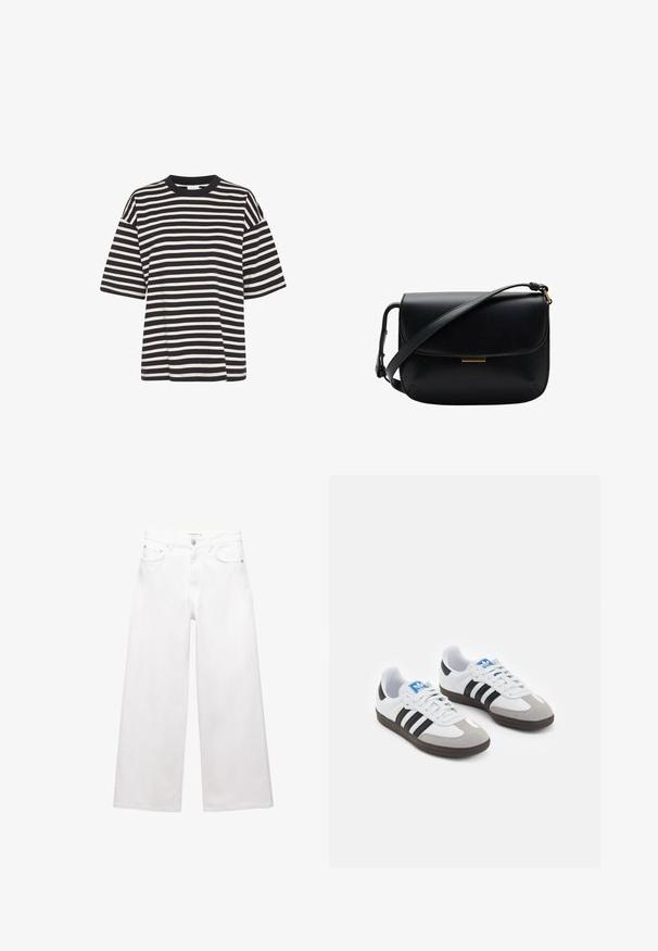 Pasiasta koszulka w kolorze granatowym i kremowym, z okrągłym dekoltem, krótkimi rękawami, prostym fasonem i miękką bawełnianą teksturą.; Białe dżinsy o szerokich nogawkach wykonane z bawełny, z wysokim stanem, pięcioma kieszeniami oraz mosiężnymi detalami. Gładka, nieprzetarta faktura.; Buty sportowe z białą skórzaną cholewką, szarym zamszowym noskiem i trzema czarnymi paskami. Posiadają niebieskie logo na języku oraz teksturowaną gumową podeszwę.; Czarna skórzana torba na ramię z klapką i regulowanym paskiem, z małym prostokątnym złotym akcentem.