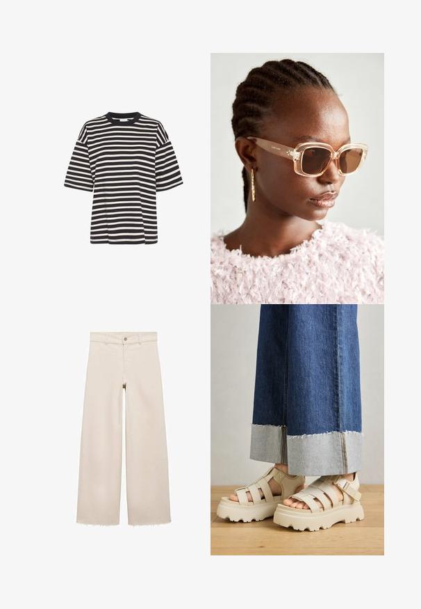 Prugasta majica v mornarsko modri in kremni barvi, z okroglo ovratnikom, kratkimi rokavi, kvadratno obliko in mehkim bombažnim tekstilom.; Bež jeans hlače širokega kroja z visokim pasom, z zapiranjem na gumb, sprednjimi žepi in raztrganim robom. Narejene iz denima.; Bež platformske sandale s debelimi podplati imajo trakove in nastavljive gležnjske trakove. Ustrezajo širokim jeans hlačam, pri katerih je eden robov razfrčan.; Bežna oversized sončna očala s prozornim okvirjem in rjavimi lečami, ki imajo subtilne cvetlične poudarke in drzen, geometrijski dizajn.