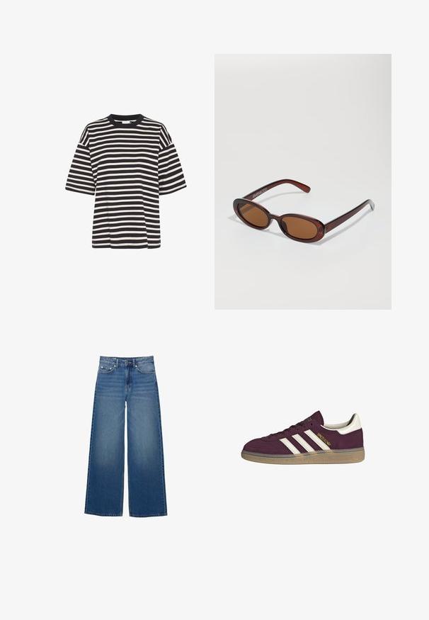 Gestreiftes T-Shirt in Marineblau und Creme, mit rundem Ausschnitt, kurzen Ärmeln, kastiger Form und weichem Baumwollstoff.; Weite blaue Jeans aus Denim, mit hoher Taille, genähten Akzenten und einem schlichten Design mit leichtem Verblassungseffekt.; Bordeauxfarbene Wildledersneaker mit weißen drei Streifen und beigen Akzenten. Verfügt über eine strukturierte Gummisohle und goldene Markenlogo auf der Seite.; Runde, braun getönte Sonnenbrillen mit einem glänzenden burgunderfarbenen Rahmen. Schlanke Bügel mit dezentem Branding. Flaches Linsendesign.; Braune, geflochtene Lederhandtasche mit einer lässigen, dreieckigen Form. Verfügt über einen geflochtenen Griff und einen Reißverschluss an der Oberseite.