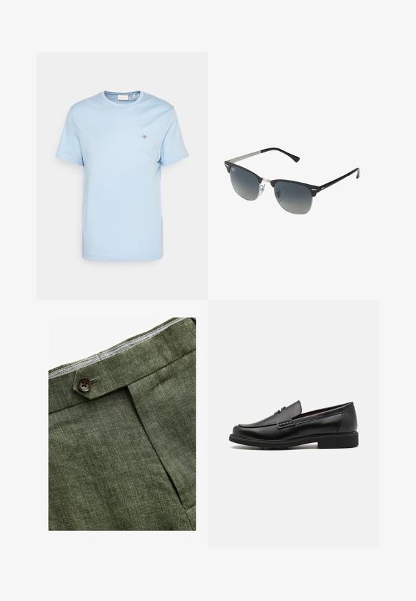 Gaiši zils kokvilnas T-krekls ar apaļu kakla izgriezumu, īsām piedurknēm un mazu izsistām logo krūšu daļā. Gluda tekstūra, standarta izmērs.; Olīvu zaļi lina bikses ar priekšējo krokām, ar pogu aizdari un kontrastējošu šaha raksta odere jostasvietā.; Melni sintētiskie loafers ar izteiktu šuvju priekšpusi, mīkstu iekšējo zoli un plakanu gumijas zoli; eleganta dizainu ar minimālu detalizāciju.; Melni un sudraba saulesbrilles ar kaķa acs formu, gradienta lēcas un metāla akcentiem uz rāmja. Plastmasas rokturi ar pelēkiem galiem.