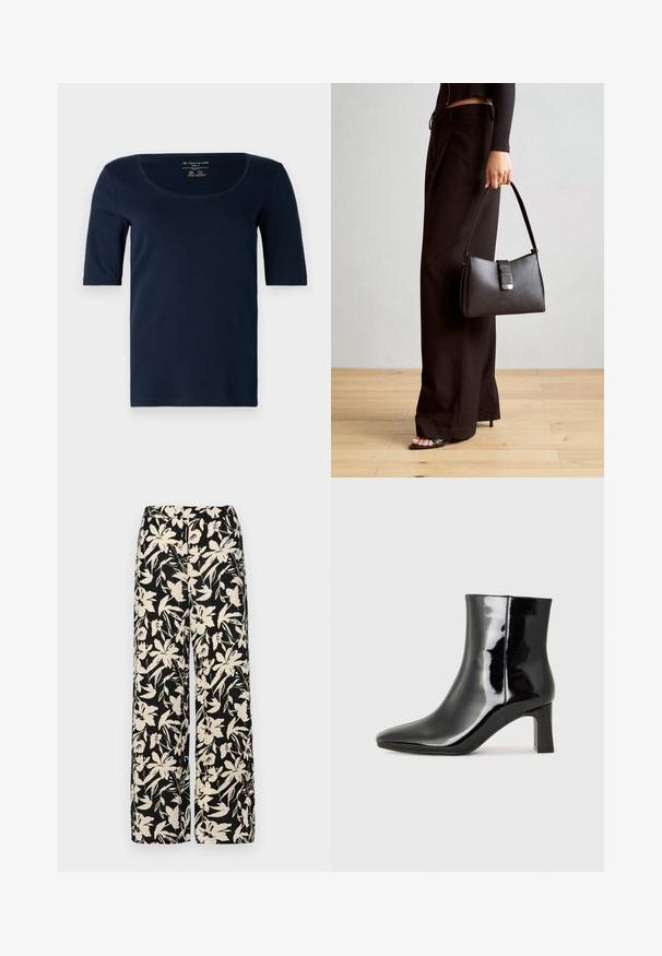 T-shirt blu navy realizzato in morbido cotone, con scollatura rotonda e maniche corte. Presenta una vestibilità slim e un design semplice senza motivi.; Pantaloni larghi neri con un motivo floreale crema. Realizzati in tessuto leggero, con una texture liscia e una vita alta.; Stivaletto in pelle verniciata nera con punta a punta e tacco a blocco di altezza media. Texture liscia e design minimalista.; Borsa nera con forma strutturata, texture liscia e una chiusura metallica. Abbinata a pantaloni neri larghi e sandali open-toe su un pavimento in legno.