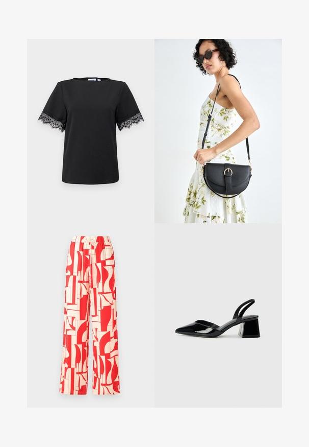 Sort t-shirt med korte ærmer, der har delikate sorte blonde detajer ved ærmeenderne. Glat tekstur, rund halsudskæring og afslappet design.; Røde mønstrede brede bukser med elastisk talje, lavet af letvægtsmateriale med abstrakte former i rød og fløde.; Sorte patentlæder slingback hæle med spids tå og en geometrisk blok hæl. Har et elegant, minimalistisk design og en glat tekstur.; Sort læderhåndtaske med en buet form, aftagelig rem og guldfinish. Tasken har en klap med en spænde detalje.