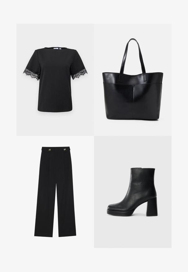 T-shirt preta com mangas curtas, adornada com delicadas rendas pretas nas mangas. Textura suave, decote redondo e design casual.; Calças largas pretas com cintura alta, detalhes em botão na cintura e pregas frontais.; Bota de couro preta até ao tornozelo com salto bloco e sola com plataforma, vista de lado sobre um fundo branco liso.; Bolsa tote preta em couro com duas alças longas, textura suave e forma estruturada. Apresenta um bolso frontal para armazenamento adicional.