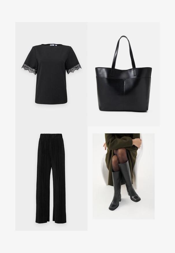 Čierne tričko s krátkymi rukávmi, ktoré má jemné čierne čipkové akcenty na manžetách. Hladká textúra, okrúhly výstrih a ležérny dizajn.; Čierne plisované nohavice s elastickým pásom. Majú široké nohavice a hladkú, textúrovanú látku s vertikálnymi pruhmi.; Čierne kožené čižmy po kolená so štvrtým prstom a blokovým opätkom, zobrazené s modelom sediacim v olivovo zelenej bunde. Hladká textúra, minimálne detaily.; Čierna kožená tote taška s dvoma dlhými rúčkami, hladkým povrchom a štruktúrovaným tvarom. Obsahuje prednú kapsu pre dodatočné uskladnenie.