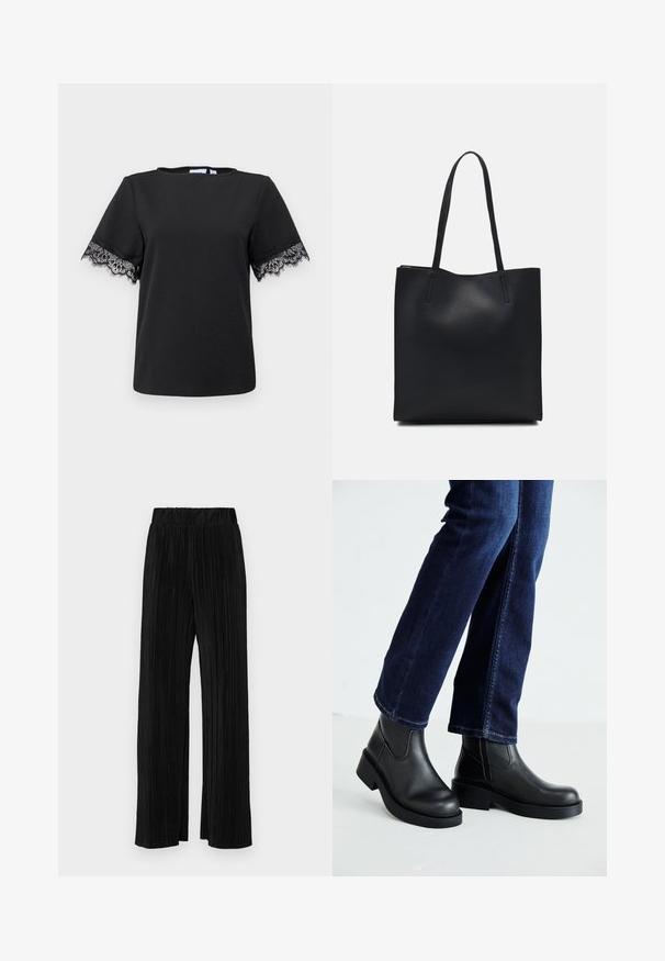 Schwarzes T-Shirt mit kurzen Ärmeln und zarten schwarzen Spitzenakzenten an den Ärmelabschlüssen. Glatte Textur, runder Halsausschnitt und lässiges Design.; Schwarze plissierte Hose mit elastischem Bund. Verfügt über weite Hosenbeine und einen glatten, strukturierten Stoff mit vertikalen Streifen.; Schwarze Lederstiefeletten mit einer dicken Sohle und seitlichen Elastikeinsätzen, kombiniert mit dunkelblauen Jeans. Der Boden ist hellfarbig.; Schwarze Laptoptasche aus Leder mit glatter Textur, rechteckiger Form und zwei langen Griffen. Keine sichtbaren Beschläge oder Verzierungen.