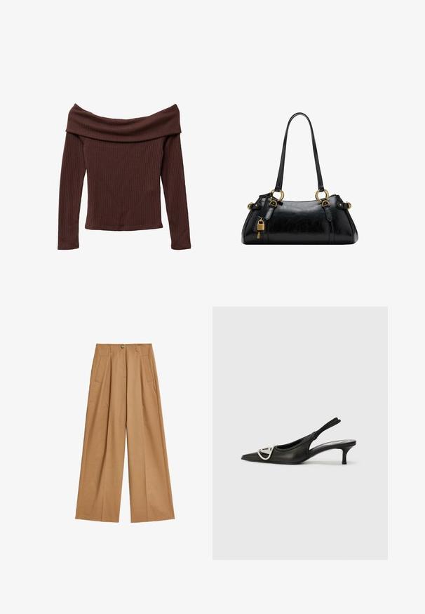 Off-the-shoulder, long-sleeve top in dark brown ribbed fabric. Features a wide neckline and fitted silhouette. Textured, soft material.; Wide-leg trousers in a light tan color, made from smooth fabric, featuring two front pockets and a central button closure.; Black leather slingback shoe with a pointed toe, featuring a silver logo accent and a small heel. Smooth texture and minimalist design.; Black leather handbag with a smooth texture, rounded shape, gold hardware accents, and dual handles. Features a decorative lock on the side.