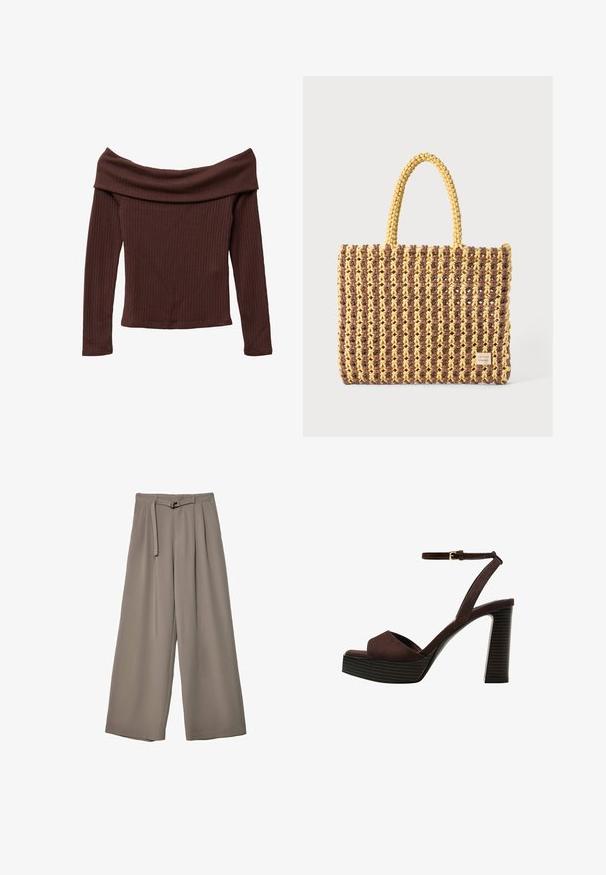 Top a spalle scoperte e maniche lunghe in morbido tessuto marrone scuro a costine. Presenta un ampio scollo e una silhouette aderente. Materiale testurizzato e morbido.; Pantaloni a gamba larga in un morbido tessuto grigio tenue, con vita con cintura e pieghe per un tocco di design aggiuntivo. Texture liscia, senza motivi.; Sandal in camoscio marrone con tacco alto, punta aperta, cinturino alla caviglia regolabile e suola a piattaforma striata.; Borsa intrecciata marrone e gialla, con forma rettangolare, due cinghie per manico e una finitura testurizzata con cuciture visibili e un'etichetta del marchio.