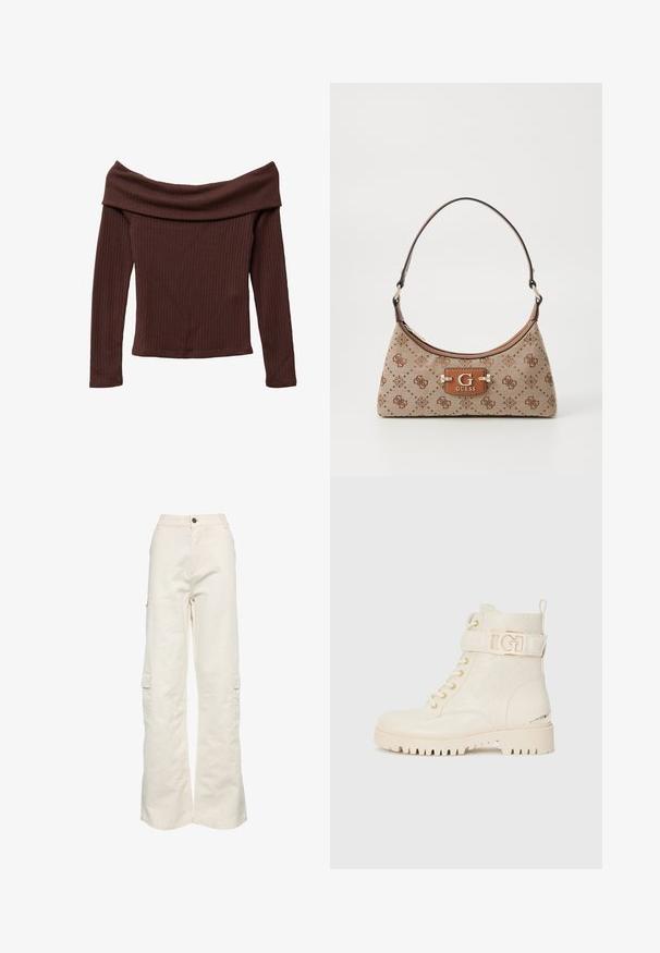 Top a spalle scoperte e maniche lunghe in morbido tessuto marrone scuro a costine. Presenta un ampio scollo e una silhouette aderente. Materiale testurizzato e morbido.; Pantaloni cargo beige a gamba larga, realizzati in cotone, con molteplici tasche laterali, chiusura a pulsante e una finitura liscia e testurizzata.; Stivali alla caviglia bianchi con un design floreale in rilievo, chiusura con lacci, cinturino laterale con un logo dorato e suola robusta per una migliore aderenza.; Borsa a tote in tessuto beige con dettagli a motivo marrone. Presenta una forma curva, una tracolla singola e una placca con logo nella parte anteriore con finiture in metallo argentato.