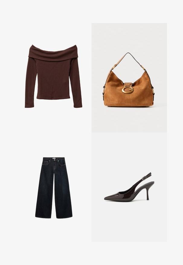 Olkapäältä avattava, pitkähihainen toppi tummanruskeasta ribbikankaasta. Ominaisuuksiin kuuluvat leveä kaula-aukko ja vartalonmyötäinen siluetti. Teksturoitu, pehmeä materiaali.; Laivahihan tummansiniset farkut korkealla vyötäröllä, joissa on kontrastiväriset tikkaukset, etutaskut ja minimalistinen muotoilu.; Korkokenkät tummanruskeasta kiiltävästä patenttinnahasta, teräväkärkiset, avoimet sivut ja säädettävä nilkkaremmi.; Ruskea mokkakangas käsilaukku, jossa on pyöristetty muoto, kultatoiminen lukitus ja kontrastina musta reuna. Varustettu yhdellä olkahihnalla kantamista varten.