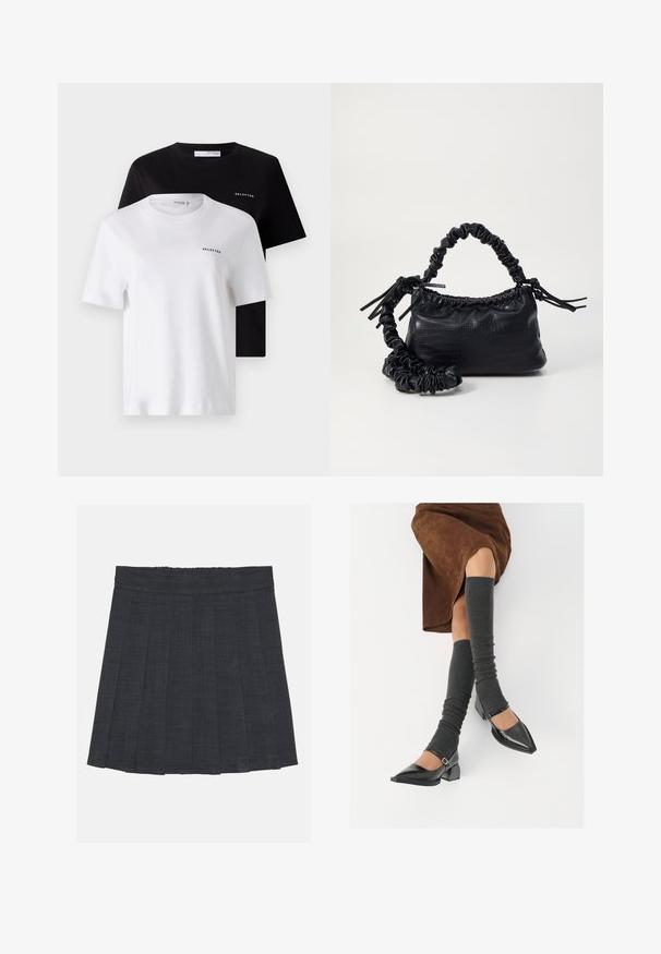 Kaks lühikeste varrukatega t-särki mustas ja valges värvis, valmistatud puuvillast. Mõlemal on ümara kaelusega krae ja väike "SELECTED" logo rinnal.; Tumeda hall pleediga seelik elastse vöökohaga, milles on tekstuuriga kangas ja klassikaline A-line siluett. Sobib igapäevaseks kandmiseks.; Mustad patsaline odav värviga kingad, millel on kreen ja pahkluuring, on paaritatud hallide ribakudumitega sääremiidega ja pruunist nahast seelikuga.; Must must sünteetilisest nahast käekott, millel on krokodillimuster, kokku tõmmatav ülaosa ja kortsus rihm. Tundub pehme ja kompaktne disain.