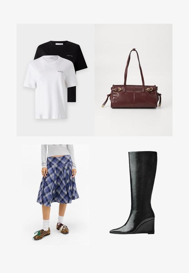 To korte t-shirts med korte ærmer i sort og hvid, lavet af bomuld. Begge har en rund halsudskæring og et lille "SELECTED"-logo på brystet.; Blåternet midi nederdel med plisser, lavet af blødt stof. Sættet inkluderer brune sko med farverige snørebånd og hvide sokker.; Knæhøje sorte læderstøvler med en slank, spids tå og en kilehælk. Overfladen er glat med en blank finish.; Bordeaux læder håndtaske med to skulderremme, hardware i guld tone og lynlås lukning. Har en glat overflade og subtile syninger.