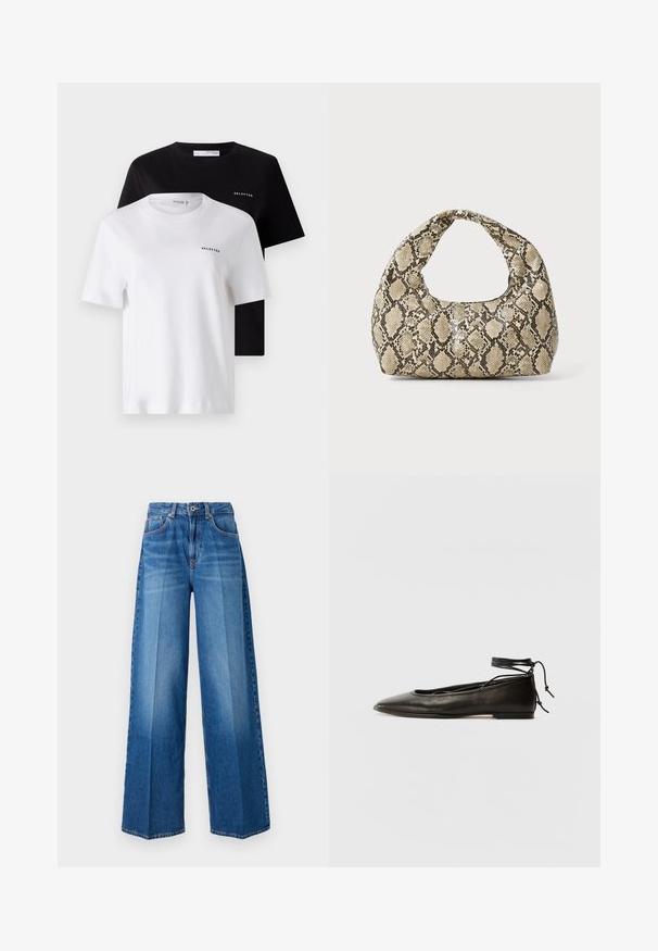 Két rövid ujjú póló fekete és fehér színben, pamutból készült. Mindkettő kerek nyakkal és egy kis "SELECTED" logóval rendelkezik a mellkasán.; Széles lábú farmernadrág közepes kék mosásban, klasszikus öt zsebes kialakítással, övrögzítőkkel és cipzáros záródással.; Fekete bőr balettcipők hegyes orral, bokakötővel és lapos talppal, sima textúrával és minimalista dizájnnal.; Kígyómintás kézitáska ívelt fogantyúval. Texturált, bézs és barna anyagból készült, jellegzetes gyémántmintával.