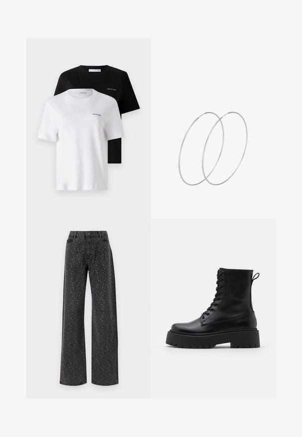 To korte t-shirts med korte ærmer i sort og hvid, lavet af bomuld. Begge har en rund halsudskæring og et lille "SELECTED"-logo på brystet.; Noisy May NMJANNEL LOOSE - Jeans Relaxed Fit - black denim; Sorte læder ankelstøvler med rund tå, snørebånd foran og en tyk gummisål med struktureret slidbane. Hæfteløkke bagpå.; Sølvøreringe med et minimalistisk design. Cirkulær form, glat tekstur og tynd profil. Letvægtige med en poleret overflade.