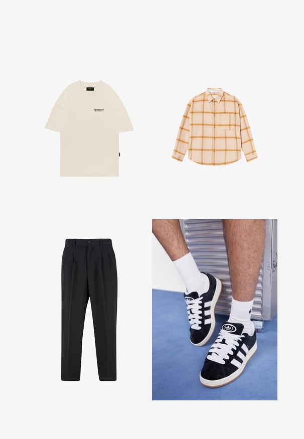 Beige cotton t-shirt featuring a crew neckline, oversized design, and a black printed logo on the left chest. Straight-cut short sleeves.; Long-sleeve plaid shirt in beige with yellow and brown checks, button-up design, single chest pocket, made from a textured fabric.; Black trousers with a pleated front design, made from smooth fabric. Features a button closure and belt loops; straight-leg fit.; Black suede sneakers with white laces and three white stripes. Features a circular black logo on the tongue and a gum rubber sole.