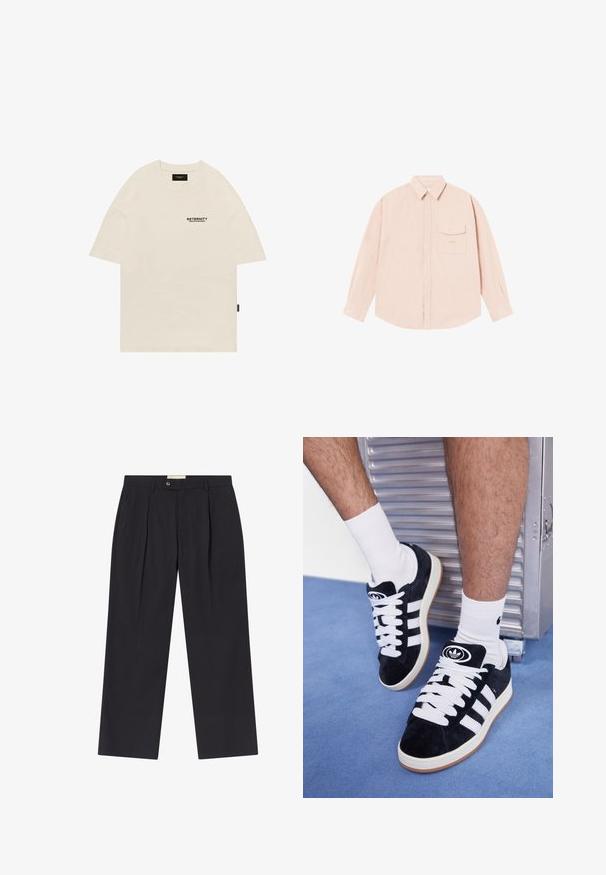 Beige cotton t-shirt featuring a crew neckline, oversized design, and a black printed logo on the left chest. Straight-cut short sleeves.; Light pink long-sleeve shirt made of soft fabric, featuring a button-down collar, front pocket, and subtle embroidered logo on the chest.; Tailored dark navy trousers with a high waist, two front pleats, button closure, and straight legs in smooth fabric.; Black suede sneakers with white laces and three white stripes. Features a circular black logo on the tongue and a gum rubber sole.
