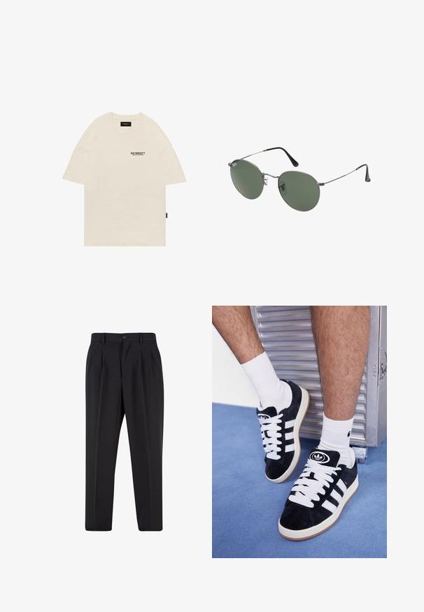 Beige Baumwoll-T-Shirt mit Rundhalsausschnitt, oversized Design und einem schwarzen gedruckten Logo auf der linken Brust. Gerade geschnittene kurze Ärmel.; Schwarze Hose mit plissiertem Vorderdesign, aus glattem Stoff gefertigt. Mit Knopfverschluss und Gürtelschlaufen; gerade Passform.; Schwarze Wildledersneaker mit weißen Schnürsenkeln und drei weißen Streifen. Verfügt über ein kreisförmiges schwarzes Logo auf der Zunge und eine Gummisohle.; Metallgestellte Sonnenbrille mit ovalen grünen Gläsern. Dünner silberner Metallrahmen und schwarze Ohrstücke. Minimalistisches Design, keine sichtbaren Logos.