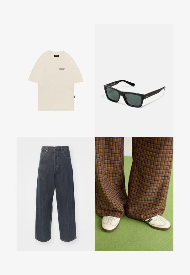 Béžové bavlnené tričko s okrúhlym výstrihom, oversized strihom a čiernym potlačeným logom na ľavej hrudi. Priame krátke rukávy.; Široké tmavomodré denimové džínsy s jemne ošúchanou textúrou, piatimi vreckami a klasickým zapínaním na gombík a zips v páse.; Hnedé a modré kárované nohavice s širokými nohavicami skombinované s bielymi topánkami s čiernymi akcentmi a textúrovanými podrážkami, umiestnené na zelenom pozadí.; Čierne obdĺžnikové slnečné okuliare so zelenými sklami, matným povrchom, rovnými ramenami a logom Ray-Ban na boku.