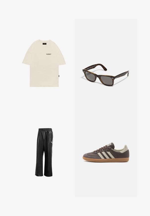 Beež puuvillane t-särk, millel on ümar kaelus, suurendatud disain ja must trükitud logo vasakul rinnaosal. Üksik lõikega lühikesed varrukad.; Mustad sünteetilised spordipüksid mustas värvuses, elastse vöökohaga, valgete külgmiste triipudega ja vasakul puusal väikese valge logoga.; Pruun nahast spordijalats, millel on kolm heledat riba, kummist tallaga, ümar varvas ja tekstuuriga sametised detailid kandadel ja varvastes.; Kilpkonnakujulised prillid hallide objektiivide ja ruudukujulise raamiga, millel on metallaktsendid templitel ja logo kujunduses.