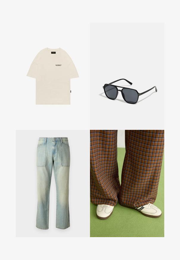 Tricou din bumbac bej, cu guler rotund, design supradimensionat și un logo negru imprimat pe pieptul stâng. Mâneci scurte cu tăietură dreaptă.; Jeans din denim de un albastru deschis, cu croi drept, cusături vizibile și două buzunare mari în față. Țesătura are o textură decolorată.; Pantaloni largi cu carouri maro și albastru, asociați cu pantofi albi cu accente negre și tălpi texturate, împotriva unui fundal verde.; Ochelari de soare negri cu ramă octogonală, lentile întunecate, finisaj lucios, temple subțiri și accente aurii în partea din față.