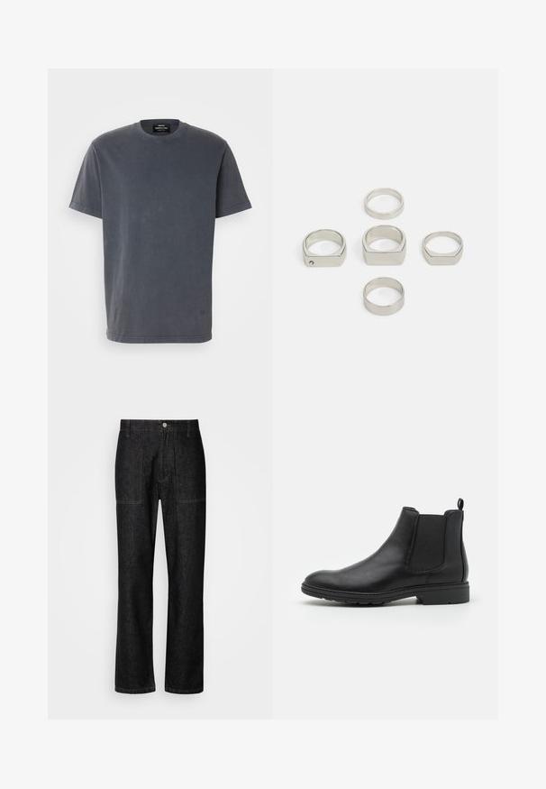 Gray short-sleeved t-shirt made from cotton. Features a round neckline and a relaxed fit. Minimalistic design with no patterns or graphics.; Black denim pants with a straight leg, visible stitching, and a front button closure. Includes two side pockets and two back pockets.; Black leather Chelsea boot with elastic side panels and a pull tab, featuring a rounded toe and textured rubber sole.; Set of six metallic silver rings in various shapes, including round and square, featuring smooth textures and minimalistic design.