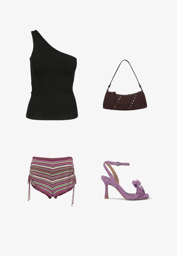 Zwarte, one-shoulder tanktop van gladde stof, met een slimfit silhouet en een schone, gestikte halslijn. Geen zichtbare patronen of accenten.; Gestreepte zwemshorts in tinten roze, groen en bruin. Bevat trekkoordzijden en een zachte, rekbare stof.; Paarse suède hoge hak sandaal met een enkelbandje. Kenmerkt zich door een bloemenversiering met een strass detail op de teen.; Bruine synthetische leren handtas met een gebogen vorm, ritssluiting en decoratieve zilveren studs aan één kant. Voorzien van een korte schouderband.