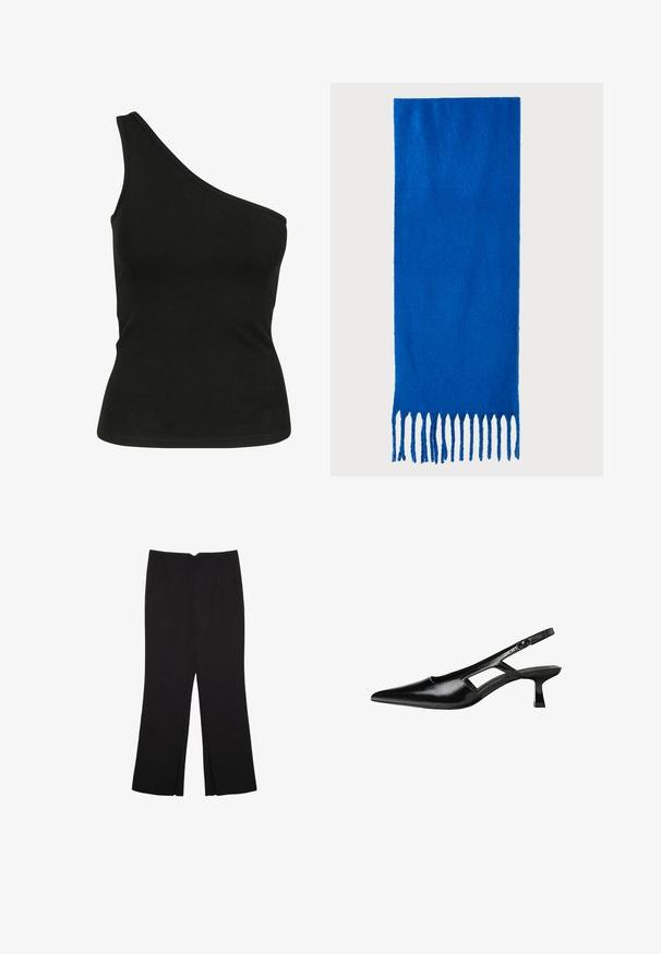Canotta nera a spalla scoperta realizzata in tessuto morbido, con una silhouette aderente e un colletto rifinito e cucito. Nessun motivo o accentuazione visibile.; Pantaloni neri a gamba dritta, con tasche frontali e spacchi laterali all'orlo. Realizzati in tessuto morbido e liscio. Adatti a diverse occasioni.; Tacchi slingback in pelle verniciata nera con punta affusolata, design con tagli laterali e tacco quadrato piccolo. Texture liscia con dettagli minimi.; Sciarpa blu con frange, realizzata in tessuto morbido; presenta un colore uniforme con una superficie testurizzata e frange tagliate in modo uniforme nella parte inferiore.; Borsa a tracolla in pelle nera con design strutturato, manico superiore e dettaglio in metallo dorato sulla parte frontale. Texture liscia, cuciture minime.