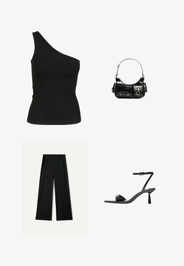 Top negru, cu un umăr, realizat dintr-un material neted, având o siluetă ajustată și un decolteu curat, cusut. Fără modele sau accente vizibile.; Bershka WIDE - Pantaloni - black; Bershka Sandale cu toc - black; Geantă de mână din piele lăcuită neagră, cu o formă curbată, un umăr, buzunare frontale și accente din metal argintiu.