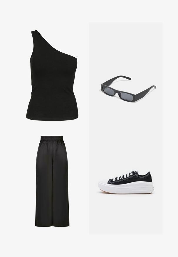 Črna top brez naramnic iz gladkega materiala, ki ima oprijet kroj in urejen, šivan ovratnik. Brez vidnih vzorcev ali dodatkov.; Črne široke hlače iz gladkega, sijočega materiala z elastičnim pasom in brez vidnih žepov ali kovinskih detajlov.; Črne platnene športne copate z belimi vezalkami, belim gumijastim prstnim zaščitnikom in masivnim belim srednjim podplatom. Imajo subtilne bele šive in gumijast podplat.; Črne pravokotne sončna očala s temnimi lečami in debelimi mat okvirji. Ročaji so rahlo ukrivljeni in imajo gladko teksturo.