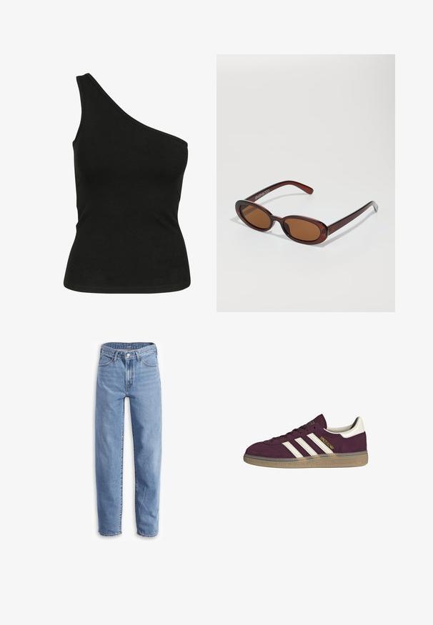 Černý top na jedno rameno vyrobený z hladké tkaniny, s přiléhavým střihem a čistým, šitým výstřihom. Žádné viditelné vzory ani akcenty.; Světle modré džíny vyrobené z denimu, s uvolněným střihem, rovnými nohavicemi, pěti kapsami a roztrhanými lemy pro neformální vzhled.; Bordové semišové tenisky s bílými třemi pruhy a béžovými akcenty. Mají texturovanou gumovou podrážku a zlaté logo na boku.; Kulaté sluneční brýle hnědé barvy s lesklým burgundským rámem. Úzké nožičky s jemným logem. Rovné čočky.; Hnědá pletená kožená kabelka s uvolněným trojúhelníkovým tvarem. Disponuje spleteným uchem a zipovým uzavíráním na vrchu.