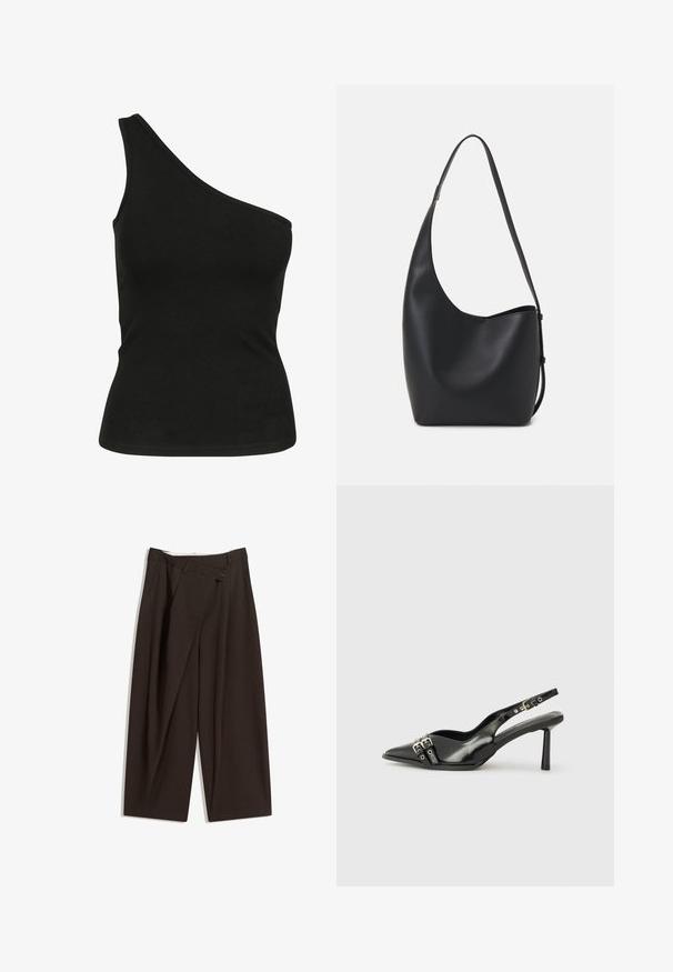 Sort, en-skulder tanktop lavet af glat stof, med en tætsiddende silhuet og en ren, syet halsudskæring. Ingen synlige mønstre eller detaljer.; Mørkebrune brede bukser med høj talje, udstyret med en enkelt knaplukning og en plisseret front. Lavet af letvægtsstof.; Sorte patenterede læderslagback sko med spids tå, ankleremme med sølvspænder og hardware samt en slank hæl.; Sort læder hobo taske med en glat overflade, buet form og en enkelt justerbar rem; har en bred åbning øverst.