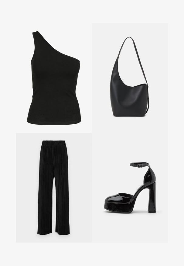 Sort, en-skulder tanktop lavet af glat stof, med en tætsiddende silhuet og en ren, syet halsudskæring. Ingen synlige mønstre eller detaljer.; Sorte plisserede bukser med elastisk talje. Har brede ben og et glat, tekstureret stof med lodrette striber.; Sorte patentlæder platform hæle med ankelrem, rund tå og blokhæl, der viser en glat, skinnende overflade.; Sort læder hobo taske med en glat overflade, buet form og en enkelt justerbar rem; har en bred åbning øverst.