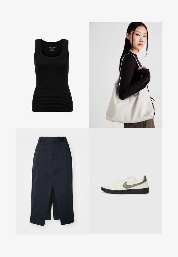 Mustmustank, mille ümar kaelus ja laiad rihmad, valmistatud venivast puuvillamaterjalist, millel on kohandatud siluett ja sile tekstuur.; Tumedast meresinine midi-seelik, mis on valmistatud puuvilla segust, sisaldab ees olevat lõhet, varjatud lukku ja külgtaskuid funktsionaalsuse jaoks.; Nike Sportswear FIELD GENERAL - Tossud - off-white/black; Bež käekott pehme materjali, millel on lõtv disain, õmblustega detailid ja kaks õlarihma. Sobib igapäevaseks kasutamiseks.