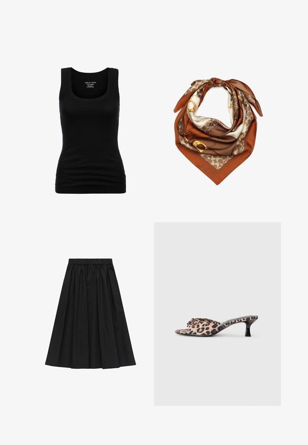 Musta toppi, jossa on pyöreä pääntie ja leveät hihnat, valmistettu joustavasta puuvillamateriaalista, jossa on istuva siluetti ja sileä pinta.; Mustat, polvipituiset hameet, joissa on joustava vyötärö, teksturoitu kangas ja poimittu muotoilu, luoden tilavan ilmeen.; Lepardikuvioiset mulesit, joissa on matala musta stiletto-korko. Pehmeä kangaspinta, jossa on solmukiinnitys edessä ja sileä, tasainen pohja.; Silkkihuivi, jossa on ruskea ja kermainen kuvio kultaisilla yksityiskohdilla. Viimeistellyt reunat ja kulmassa "COACH" -merkki. Kolmio muoto.; Mustat samettiset kassi, jossa on V-muotoinen muotoilu, litteät kantokahvat ja kultainen korostusvetoketjun vetoketju. Pehmeä tuntuma, minimalistinen tyyli, eikä näkyvää metalliosaa.