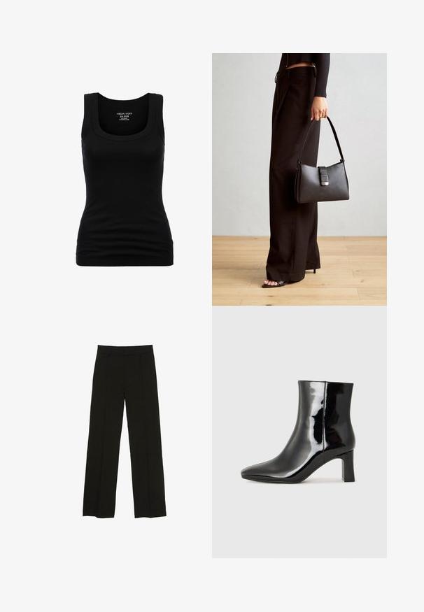 Crna majica bez rukava s okruglim izrezom i širokim trakama, izrađena od rastezljivog pamučnog materijala, s prilagođenim siluetom i glatkom teksturom.; Crne široke hlače izrađene od glatkog materijala, s uskim pojasom i suptilnim prednjim naborima za dodatnu teksturu.; Crne lakirane kožne gležnjače s šiljastim prstom i srednje visokom blok petom. Glatka tekstura i minimalistički dizajn.; Crna torba s oblikom koji sadrži strukturu, glađu teksturu i metalnu kopču. Uparena s širokim crnim hlačama i sandalama na otvorenom s drvenog poda.