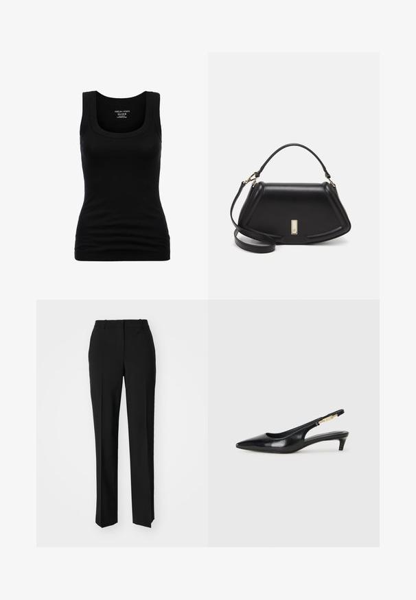 Sort tank top med rund halsudskæring og brede stropper, lavet af strækbart bomuldsmateriale, med en tætsiddende silhuet og glat tekstur.; Sorte skræddersyede bukser med lige ben-design, der har en glat tekstur og skarpe folder langs fronten. Ingen synlige hardware.; Sorte læder slingback hæle med spids tå, der har en slank hæl og en guldfarvet detalje på den justerbare rem. Glat tekstur.; Sort læderhåndtaske med en struktureret design, der har en kortet form, tophåndtag og guld hardware-accenter. Justerbar skulderrem inkluderet.