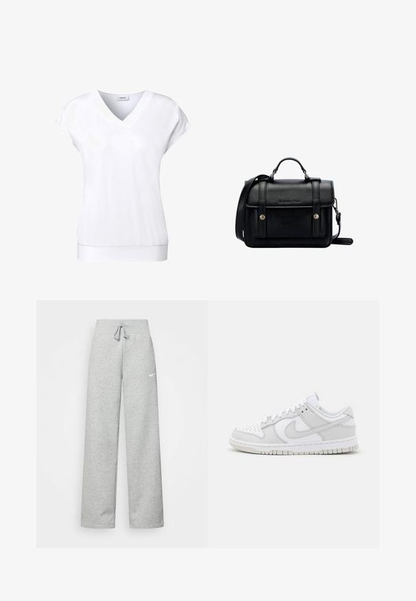 Cecil V-NECK - T-Shirt basic - weiß; Graue Jogginghose mit elastischem Bund, Kordelzug und kleinem weißen Nike-Logo am linken Oberschenkel. Weicher Stoff, locker sitzend.; Weiße Leder-Sneaker mit grauen Akzenten, perforierter Zehenpartie, flachen Schnürsenkeln, gepolstertem Kragen und einer strukturierten Gummi-Sohle.; Schwarze Leder-Crossbody-Tasche mit strukturiertem Design, oberem Griff, verstellbarem Tragegurt, Vorderklappe und Metallelementen. Mit Branding auf der Vorderseite.