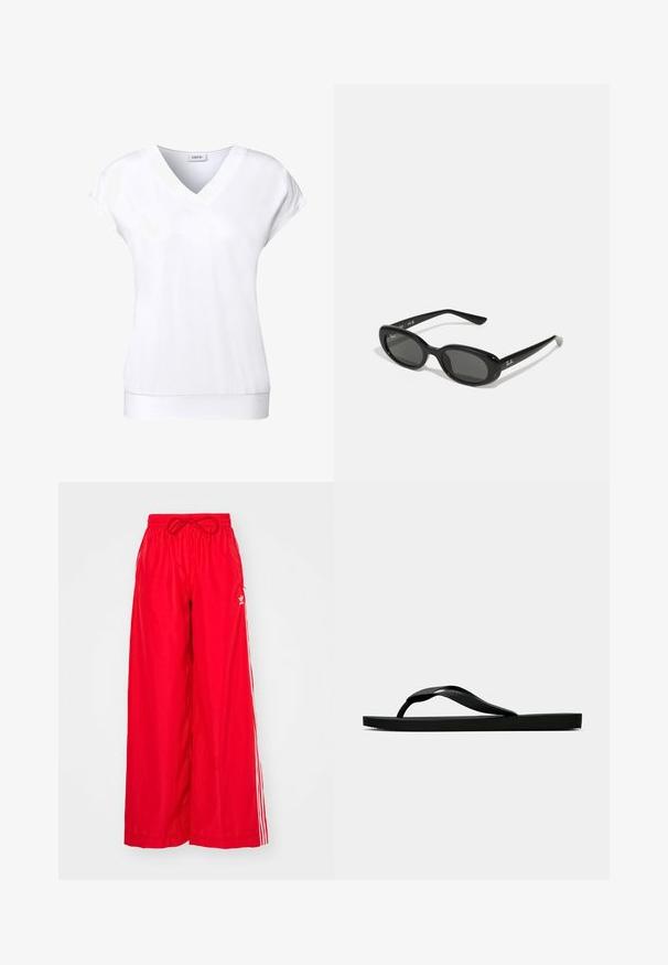 Cecil V-NECK - T-shirt basic - weiß; Pantaloni larghi rossi realizzati in tessuto leggero, con strisce laterali bianche e una vita elastica con coulisse.; Infradito in gomma nera con cinturino testurizzato e suola piatta semplice, mostrati di lato su uno sfondo chiaro e uniforme.; Occhiali da sole neri con lenti ovali, montatura in plastica lucida e stecche sottili. Presentano il logo Ray-Ban in bianco sul lato.; Borsa a tracolla nera in pelle con una forma strutturata, una texture liscia e una singola tracolla. Presenta un design a patta arrotondata e discreta.