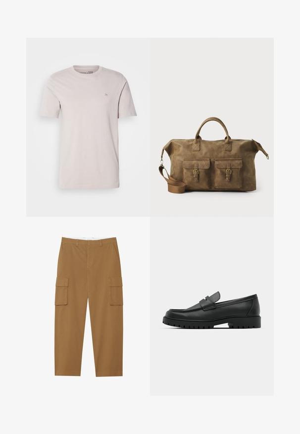 Világos bézs pamut póló kerek nyakkivágással, rövid ujjakkal és egy kis logóval a mellkasán. Sima textúra, laza szabás.; Barna cargo nadrág, két oldalsó zsebbel, sima elülső résszel és egyenes szabással. Tartós anyagból készült, sima textúrával.; Fekete bőr loafer cipők kerek orral, varrott mintázattal, alacsony platformtalpú és texturált, barázdált gumitalppal.; Barna bőr utazótáska, két elülső zsebbe, állítható vállpánttal, arany színű részletekkel és masszív felső fogantyúkkal. Sima felület.
