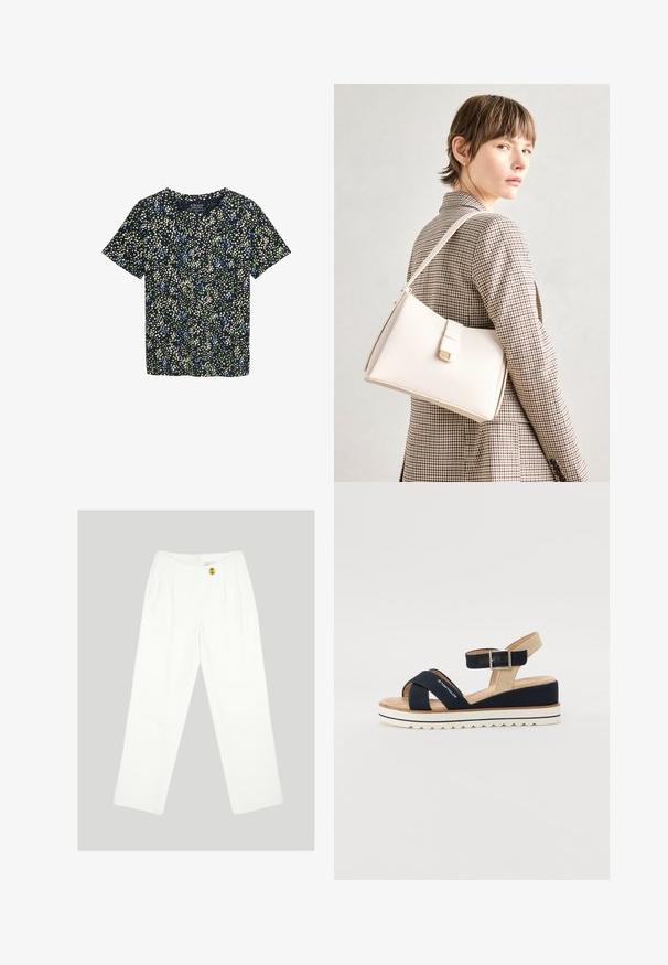 Īsām piedurknēm krekls tumši zilā audumā ar ziedu rakstu, kas sastāv no zaļām, zilām un krēmkrāsas punktiņiem. Apaļa kakla izgriezuma forma, piedāvā brīvu piegriezumu.; Baltas, platajām kājām bikses, izgatavotas no gludas auduma. Aprīkotas ar vienu dzeltenu pogu un plektu priekšpusi. Redzami kabatas nav.; Tumši zili zābaki ar divām auduma siksnām, regulējamu potītes siksnu un teksturētu bēša aizmuguri. Bieza, balta, izgriezta zole. Zīmola nosaukums uz siksnas.; Balta ādas rokassoma ar strukturētu dizainu, kurai ir magnētiska aizdare un plecu josta, parādīta uz neitrāla fona.