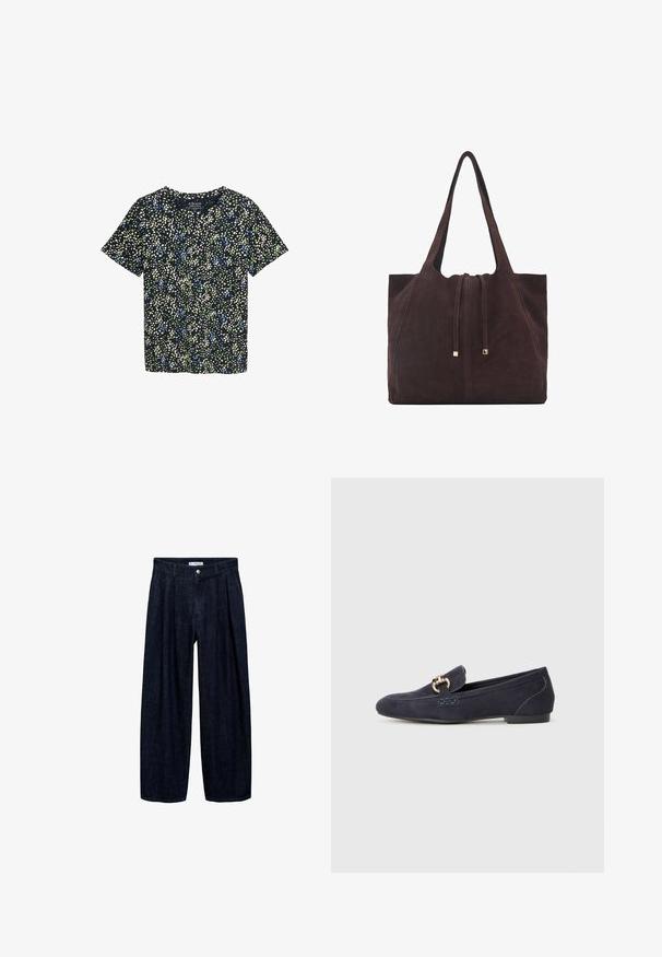 Maglietta a maniche corte in tessuto blu navy con un motivo floreale che presenta punti verdi, blu e crema. Collo a giro con una vestibilità rilassata.; Pantaloni wide-leg in denim scuro con pieghe in vita, dotati di un bottone frontale e passanti per cintura. Texture liscia e design a lunghezza completa.; Mocassino in suede blu navy con punta tonda, caratterizzato da un dettaglio decorativo in catena metallica e un tacco basso con dettagli di cucitura a contrasto.; Mango Shopping bag - dark brown