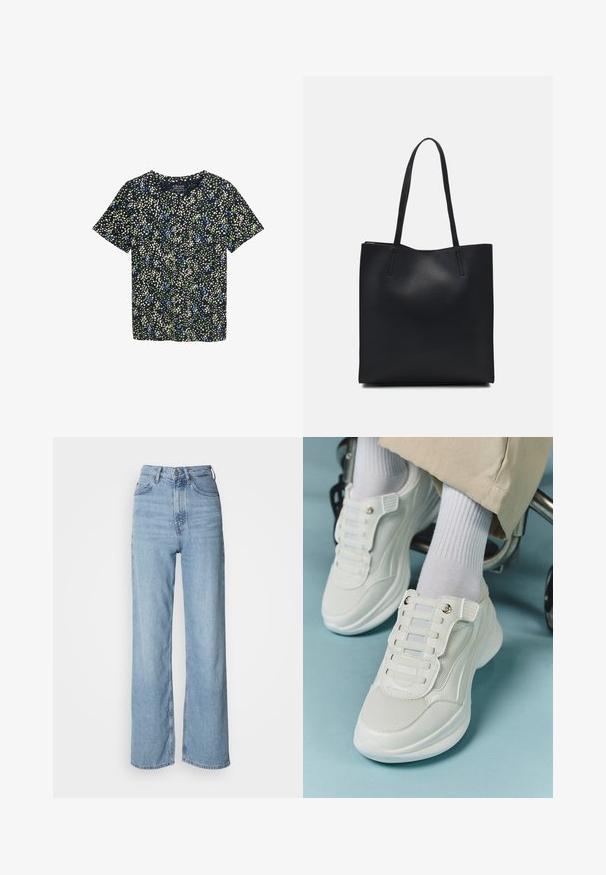 Maglietta a maniche corte in tessuto blu navy con un motivo floreale che presenta punti verdi, blu e crema. Collo a giro con una vestibilità rilassata.; Jeans blu chiaro a vita alta con gamba dritta, realizzati in denim, dotati di chiusura frontale con bottone e dettagli di sfumatura leggera.; Sneaker bianchi realizzati in materiale a rete, suola in gomma, design senza lacci con bande elastiche e dettagli in tonalità oro.; Borsa tote in pelle nera con texture liscia, forma rettangolare e due manici lunghi. Nessun hardware o decorazione visibile.