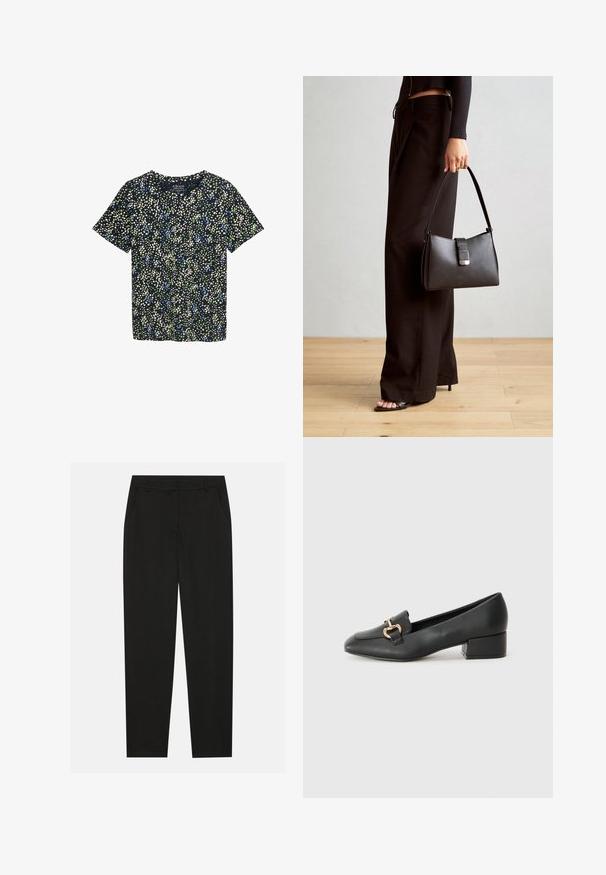 Chemise à manches courtes en tissu bleu marine avec un motif floral comprenant des points verts, bleus et crème. Col ras du cou avec une coupe décontractée.; Pantalon noir au design ajusté, doté de poches latérales et d'une jambe droite. Fabriqué en tissu lisse et léger avec une finition élégante.; Mocassins en cuir noir avec un talon plat, présentant un détail décoratif en métal doré à l'avant et une texture lisse.; Sac à main noir à la forme structurée, texture lisse et fermoir métallique. Associé à un pantalon noir ample et des sandales ouvertes sur un sol en bois.