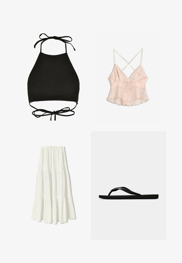 Fekete, pánt nélküli bikini felső bordázott anyagból; állítható nyakpánttal és kivágott hátrésszel rendelkezik, amely megkötős részletekkel díszített.; Világos rózsaszín pántos top állítható pántokkal, fitted bodiccel és harang alakú szegéllyel, amely fodros élű és masni részlettel rendelkezik.; Fehér maxiszoknya, réteges kialakítással, könnyű anyagból készült. Rugalmas derékpántja és finom varrási részletei vannak.; Fekete gumipapucs, textúrált pánttal és egyszerű lapos talppal, oldalnézetből, világos háttér előtt.