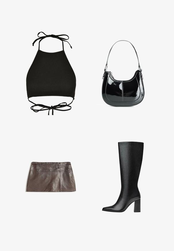 Mustat halterneck-tyylinen bikinitoppi, joka on valmistettu poimittusaineesta; siinä on säädettävät kaulanauhat ja leikkauksen selkäosa, jossa on solmittava yksityiskohta.; Ruskean nahkainen minihame, jossa on niitattu vyötärö ja vyölenkki soljella, sileä pinta ja tyylikäs, suora muotoilu.; Mustat, polveen saakka ulottuvat saappaat, jotka on valmistettu tekonahasta, teräväkärkiset, sileäpintaiset ja joissa on paksu lohko korko. Minimalistinen muotoilu ilman näkyviä yksityiskohtia.; Mustan kiiltävän nahkaista käsilaukkua, jossa on kaareva muotoilu, vetoketjusuljenta ja yksi olkahihna, jossa on hopean sävyistä metallia ja ompelucornalluksia.